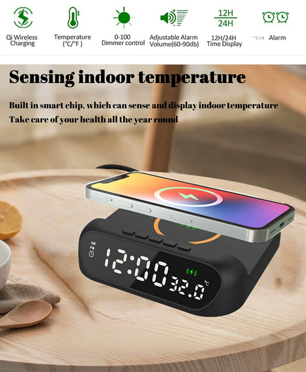 3 In-1 15W Wireless Charger Clock LED Digital Display Alarm Clock Temperature Display Wireless Charging Bracket