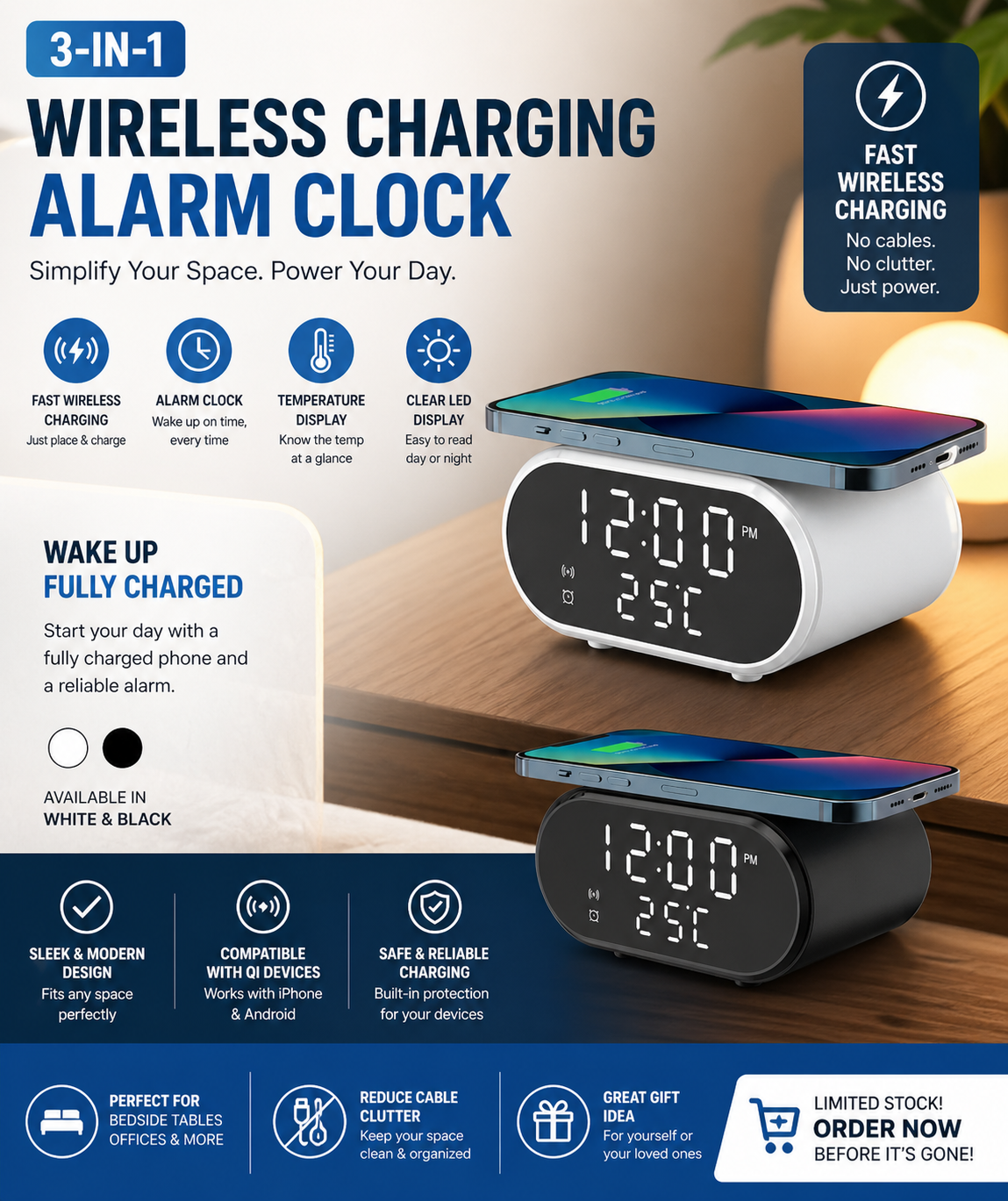 2-In-1 Alarm Clock And Wireless Charger